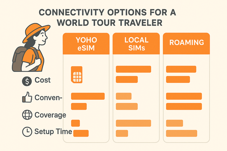 Comparison of Yoho eSIM, Local SIMs, and Roaming for international travel costs and convenience.