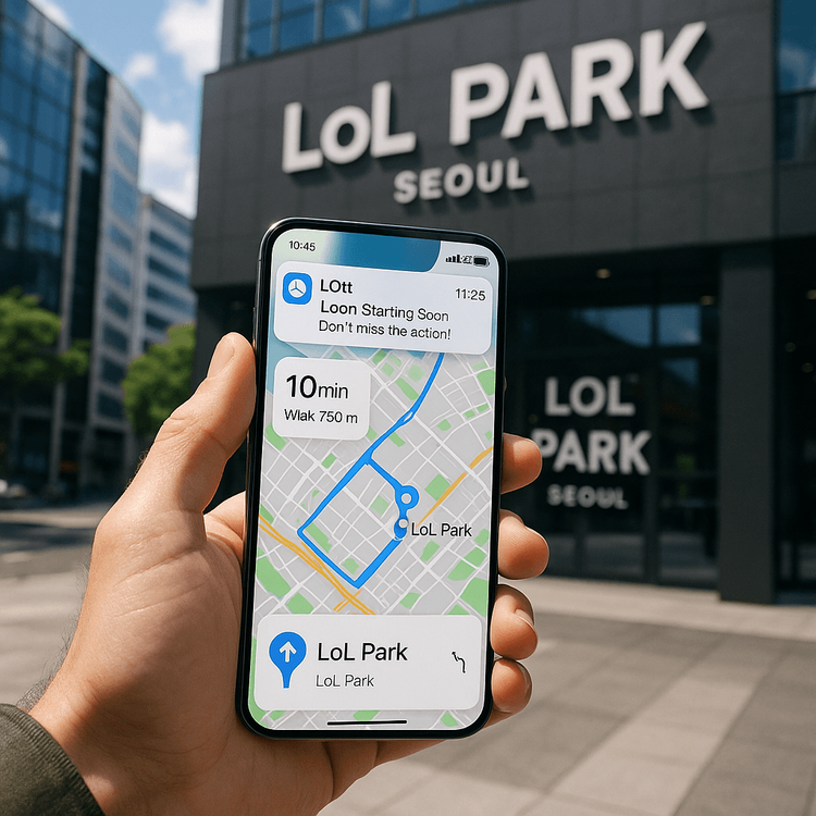 A traveler using their smartphone with a strong 5G signal to navigate to LoL Park in Seoul for an LCK esports match.