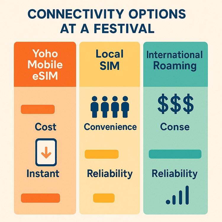 An infographic comparing the cost, convenience, and reliability of Yoho Mobile eSIM, local SIM cards, and international roaming for festivals.