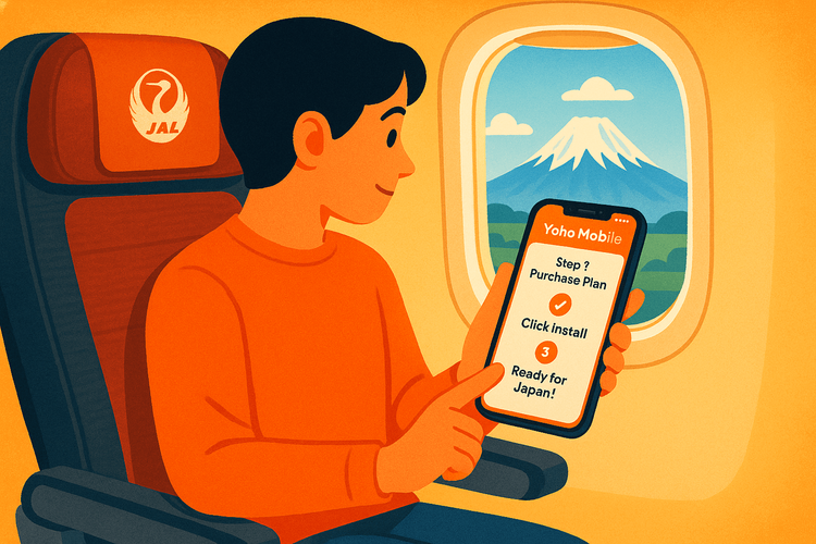 Illustration of a traveler installing a Yoho Mobile eSIM on their iPhone while on a Japan Airlines flight.