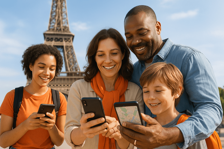 A happy family staying connected with individual Yoho Mobile eSIMs while traveling in Paris.