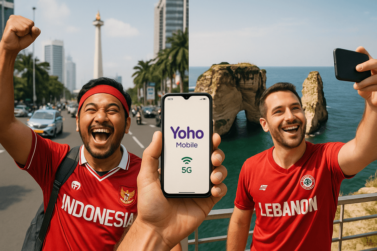 A football fan enjoying seamless connectivity with Yoho Mobile eSIM in both Jakarta and Beirut.