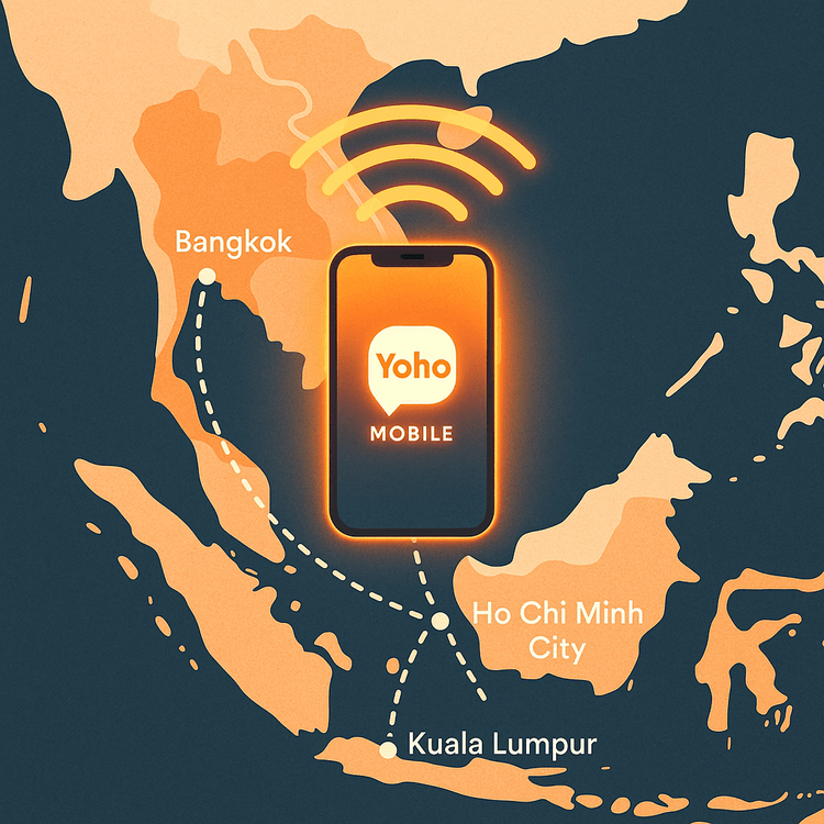 Map illustrating a digital nomad's journey through Southeast Asia, seamlessly connected with a Yoho Mobile eSIM.