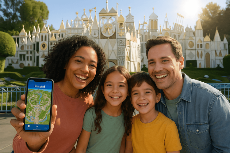 A family happily using a smartphone to navigate Disneyland park with their Yoho Mobile eSIM data.