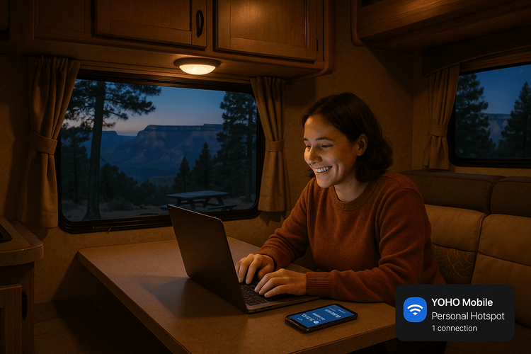 A traveler uses a Yoho Mobile eSIM hotspot to work on their laptop from an RV in a national park.