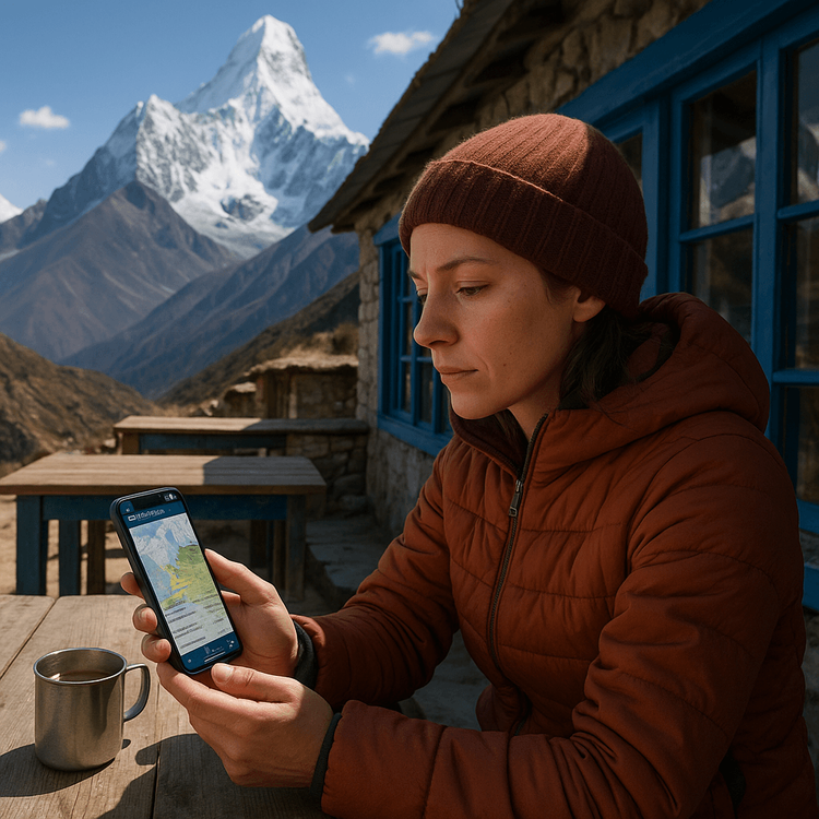 A female trekker using her smartphone with a Yoho Mobile eSIM to stay informed while resting at a tea house in the Nepalese Himalayas.