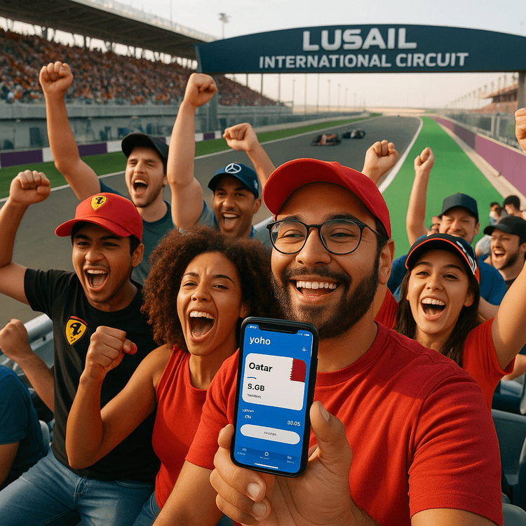 F1 fans at Lusail Circuit using a Yoho Mobile Qatar eSIM to stay connected during the race.