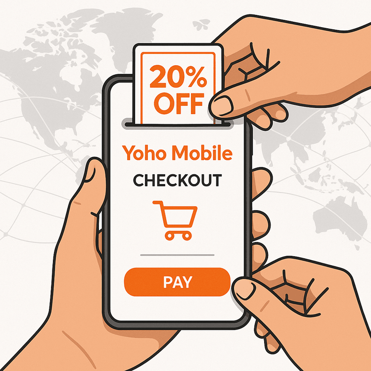Illustration of applying a Yoho Mobile discount code during checkout.