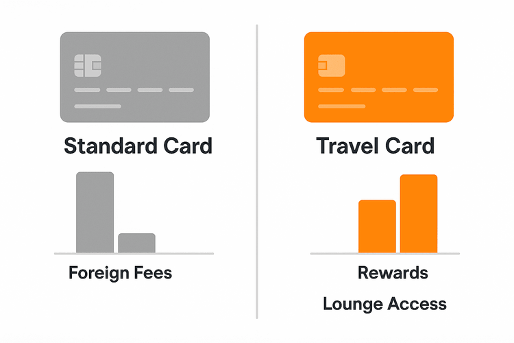 Infographic comparing the high fees and low rewards of a standard credit card versus the benefits of a travel credit card.