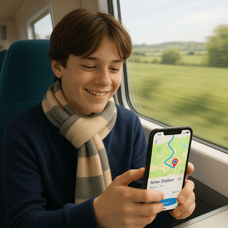 A football fan using a Yoho Mobile eSIM on their phone to navigate to the Amex Stadium on a UK train.