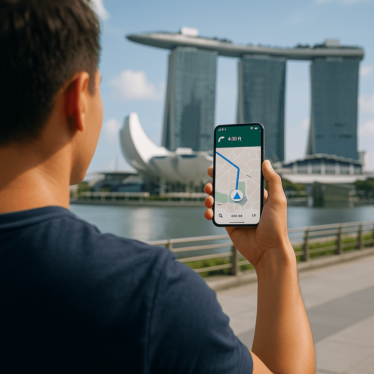 A traveler using their phone with a Yoho Mobile eSIM for navigation in Singapore.