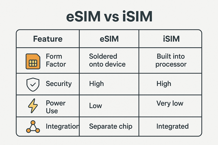 A comparison chart detailing the key differences between eSIM and iSIM technology across form factor, security, power usage, and integration.