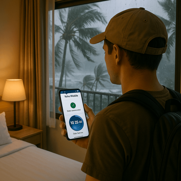 A traveler feeling secure with a reliable Yoho Mobile eSIM connection while a typhoon is outside.