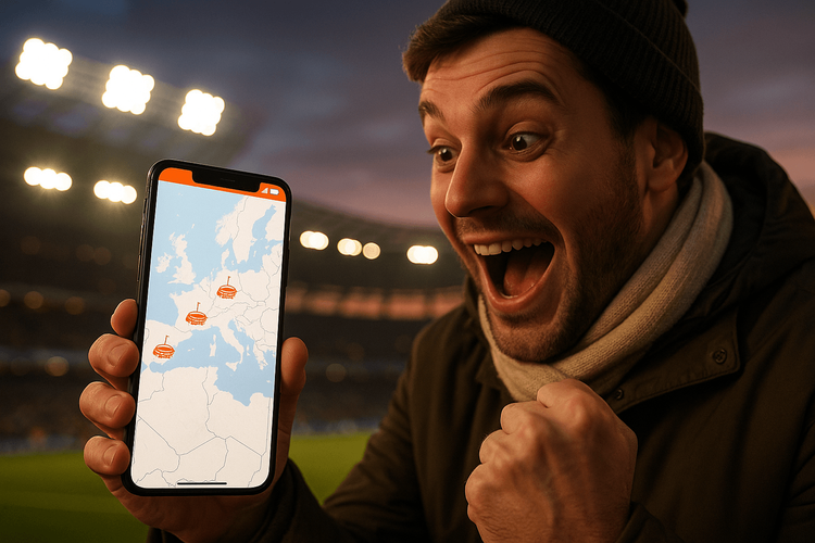 A football fan planning a European football tour on their smartphone with a stadium in the background.