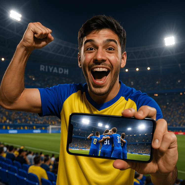 A football fan cheering in a Saudi Arabian stadium while watching a replay on his phone with Yoho Mobile eSIM.