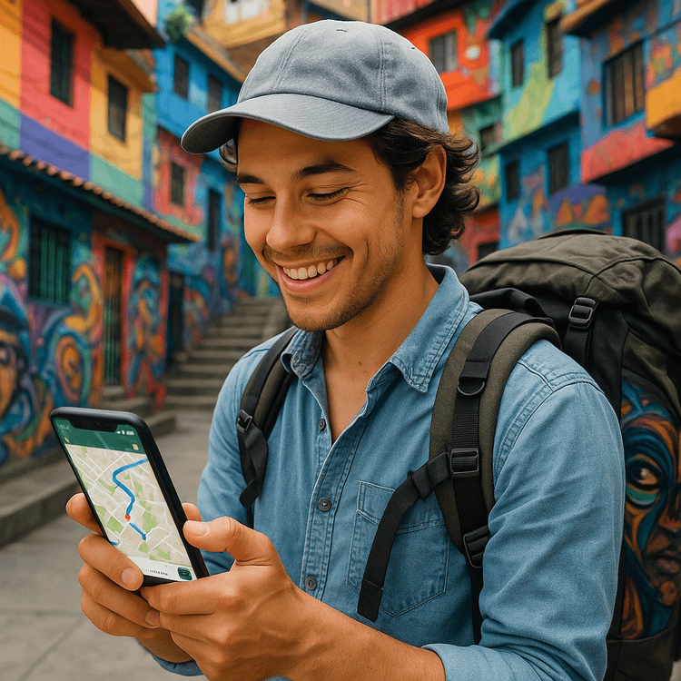 A traveler using Yoho Mobile eSIM data for navigation in the colorful streets of Comuna 13, Medellin.
