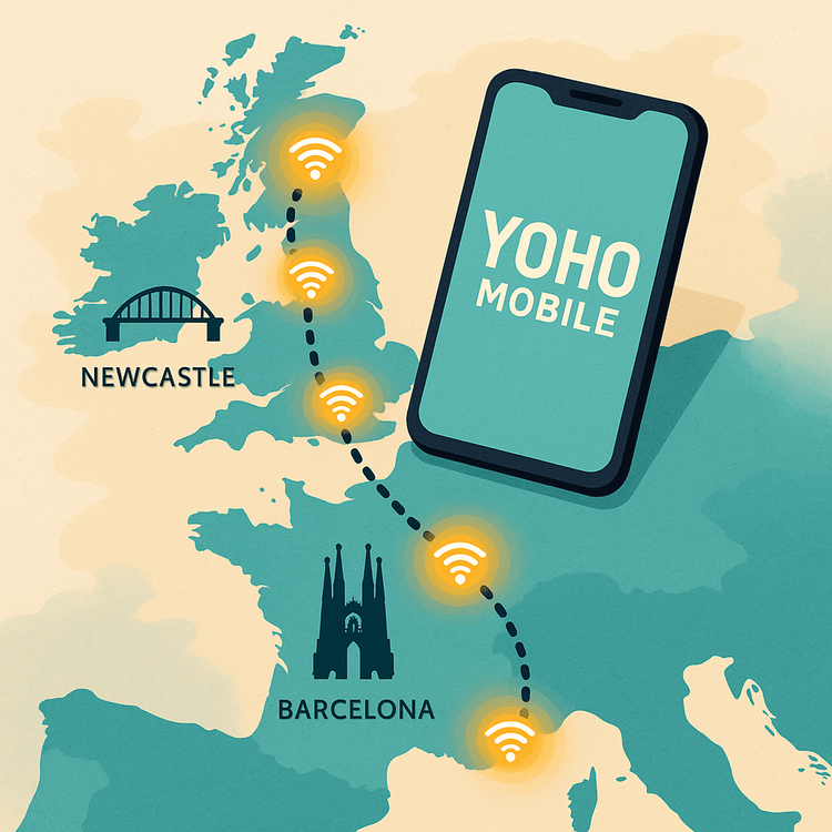 A map illustrating a travel route from Barcelona, Spain, to Newcastle, UK, with icons showing seamless mobile connectivity provided by Yoho Mobile.