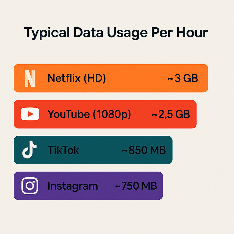 A bar chart comparing the hourly data usage of Netflix, YouTube, TikTok, and Instagram for travelers.