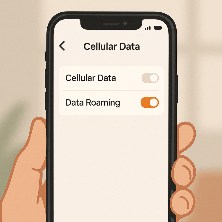 An illustration of a smartphone screen showing the data roaming option enabled in the cellular settings.
