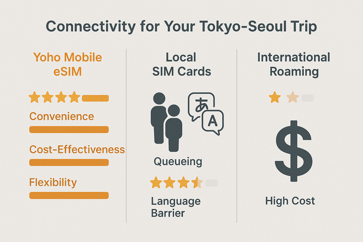 Infographic comparing Yoho Mobile eSIM with local SIMs and roaming for a trip to Tokyo and Seoul, highlighting eSIMs as the most convenient and cost-effective option.