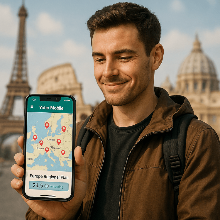 A traveler successfully using a Yoho Mobile regional eSIM plan for a multi-country trip across Europe.