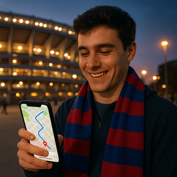 A football fan uses their phone with a Yoho Mobile eSIM for navigation outside a Spanish stadium before a La Liga match.