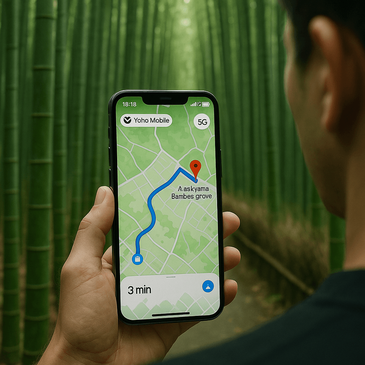 京都の嵐山竹林で、Yoho MobileのeSIMを使ってスマートフォンでナビゲーションする旅行者。