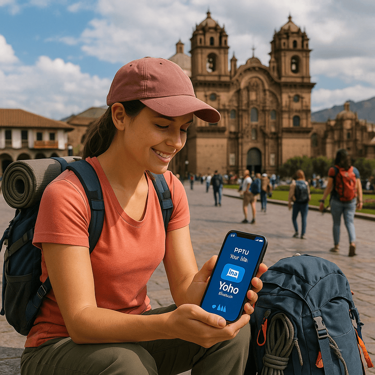 A hiker preparing for the Inca Trail in Cusco, activating her Yoho Mobile Peru eSIM on her smartphone before the trek.