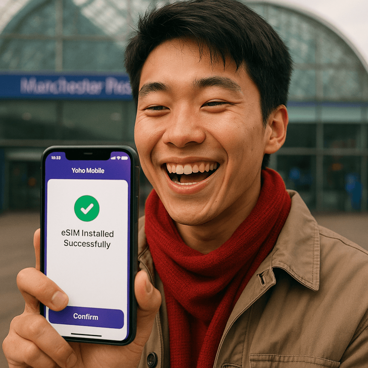 Asian football fan using Yoho Mobile eSIM upon arriving in Manchester for a Man United match.