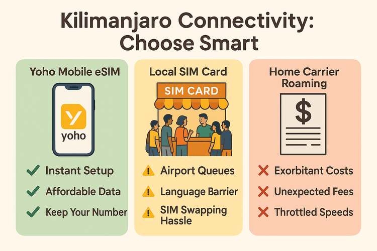 Infographic comparing the costs and convenience of Yoho Mobile eSIM, local SIM cards, and international roaming for travel in Tanzania.