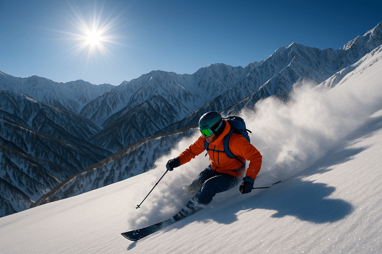 A skier enjoys deep powder snow in Hakuba Valley, Japan, under a clear blue sky.