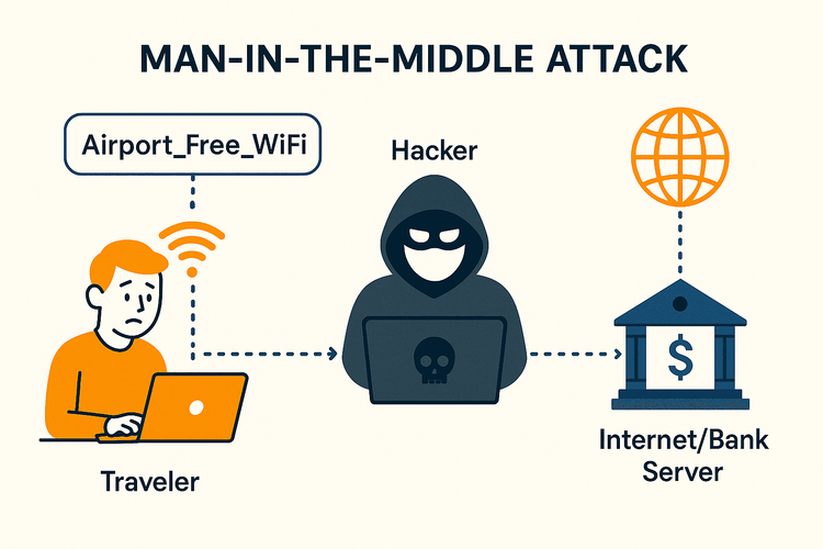 Diagram explaining how a man-in-the-middle attack works on public WiFi.
