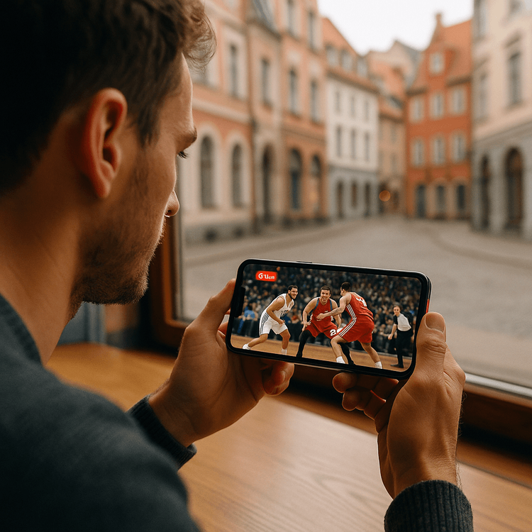 A basketball fan streaming a live match on their smartphone in a cafe in Riga, Latvia, using a travel eSIM.