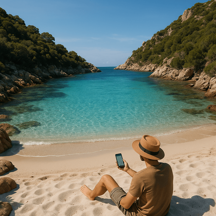 A traveler using their phone on the secluded and beautiful Cala Moresca beach in Golfo Aranci, Sardinia.