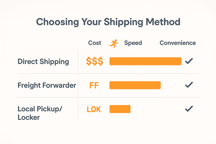 Infographic comparing international shipping options: Direct Shipping, Freight Forwarder, and Local Pickup.