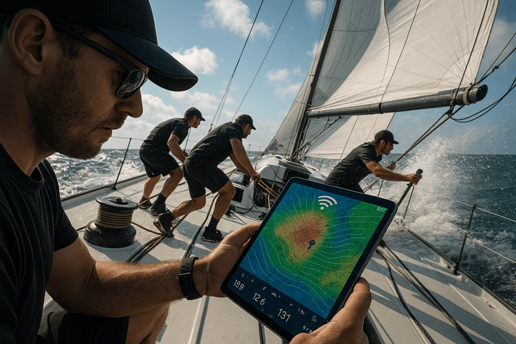 Sailing crew using a tablet connected to a Yoho Mobile eSIM hotspot for navigation and weather data during a race.