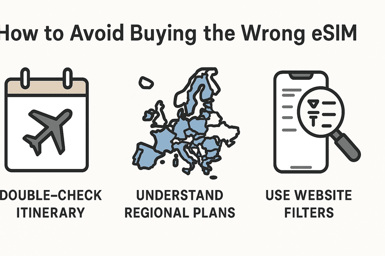 A visual checklist with tips on how to avoid buying the wrong eSIM plan for your travels.