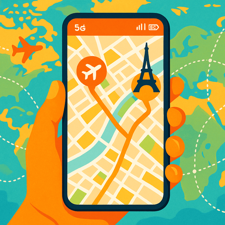 Illustration of a smartphone navigating a route from an airport to a city landmark during a long layover.