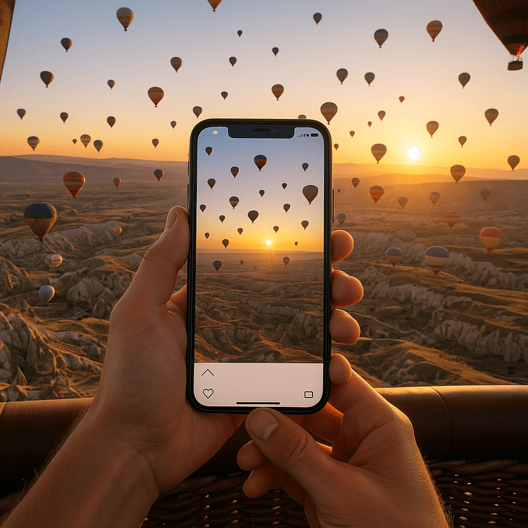 A traveler in a Cappadocia hot air balloon shares a photo of the sunrise view using a Yoho Mobile eSIM, with a strong signal shown on their phone.