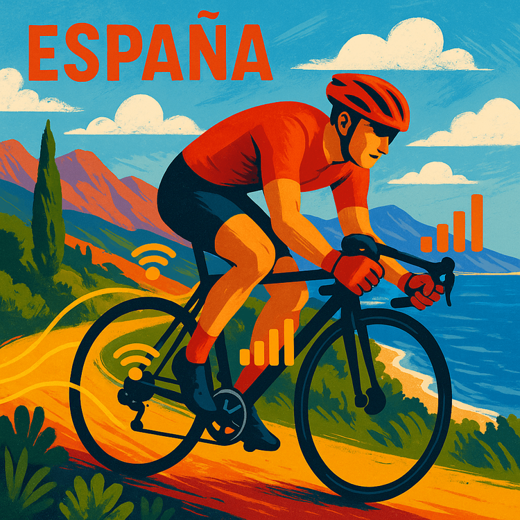Illustration of a cyclist at Vuelta a España with network signals, symbolizing constant mobile data connection.