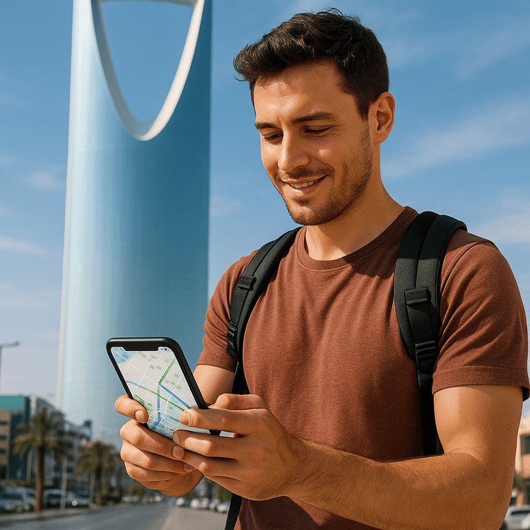 A tourist using his smartphone with a Yoho Mobile eSIM for navigation in front of the Kingdom Centre in Riyadh, Saudi Arabia.