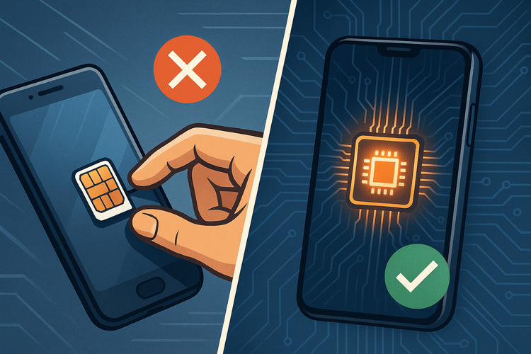Illustration comparing a removable physical SIM card with a secure, embedded eSIM chip inside a smartphone.