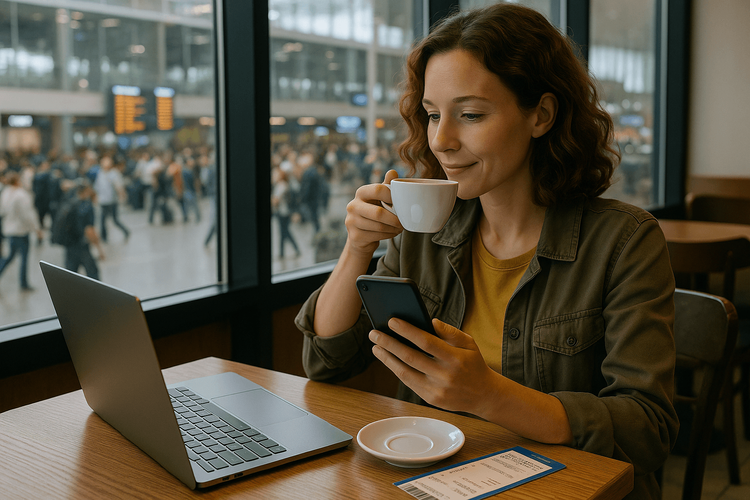 A traveler, relaxed in an airport cafe, after successfully rebooking her travel plans using her phone and a reliable eSIM connection.