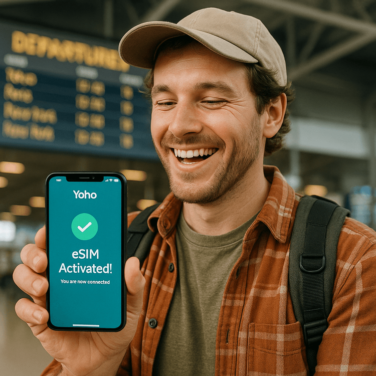 A happy traveler in an airport successfully activating a Yoho Mobile eSIM on their phone.