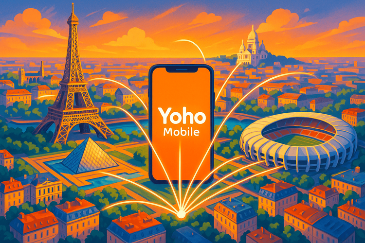 An illustration of Paris landmarks connected by a network, powered by Yoho Mobile eSIM for seamless travel data.