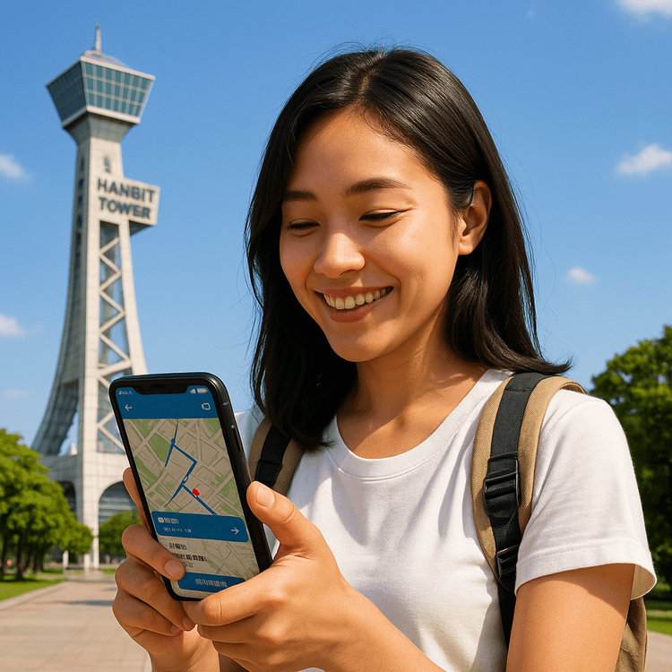 A traveler using her Yoho Mobile eSIM data to navigate around Daejeon Expo Park in South Korea.