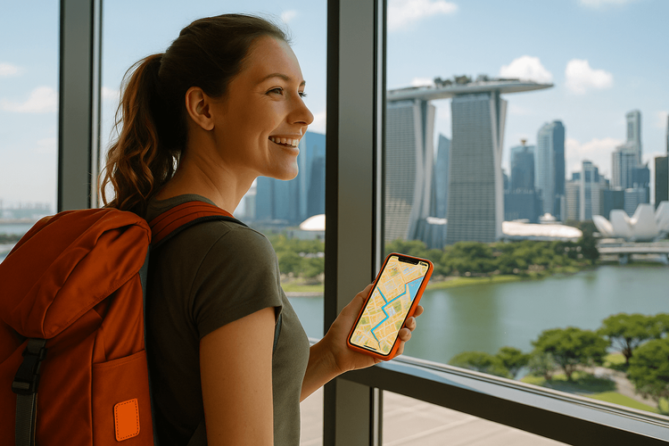 A traveler on a long layover uses her phone with an eSIM to plan a mini-trip into the city.