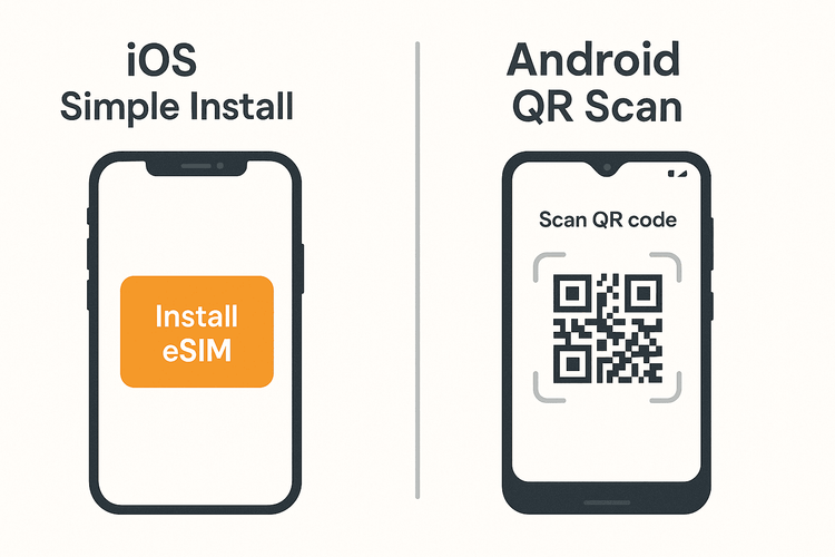 Infographic comparing the simple one-click eSIM installation on iOS with the QR code scan method for Android.