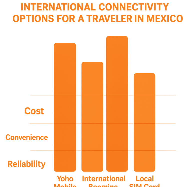 A chart comparing the cost, convenience, and reliability of Yoho Mobile eSIM, international roaming, and local SIM cards for travel in Mexico.