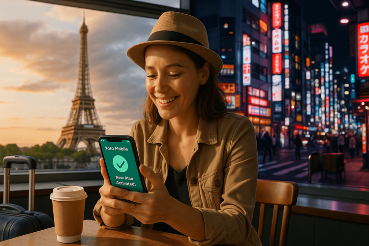 A traveler easily adjusts her travel plans from Paris to Tokyo using her Yoho Mobile eSIM.